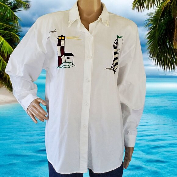 Jane Ashley Shirt Women's Medium White Nautical Embroidered Beaded Button-Down - Picture 1 of 12